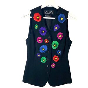 Vintage 90's Laurel Vest Floral Embroidered Beaded Made in Hong Kong Sz 34 Rare!